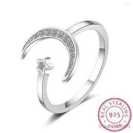 Cluster Rings 925 Solid Real Sterling Silver Fine Jewellery Moon Star CZ Cocktail Opening Ring Sizable For Women Girl Gift DA27