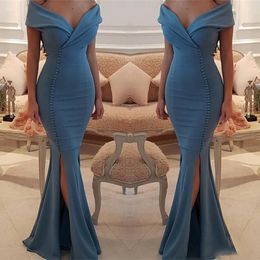 Elegant muslimska aftonkl￤nningar sj￶jungfru av axeln l￥ng kv￤llskl￤nning sexig slits v-ringning prom kl￤nning abiye gece elbisesi