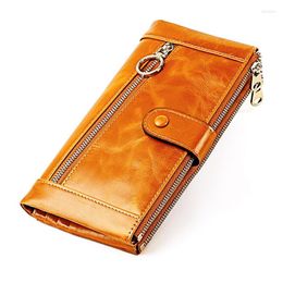 Wallets High Quality Women Oil Wax Genuine Leather Wallet Long Zipper Clutch Purse Large Capacity Card Holder Lady