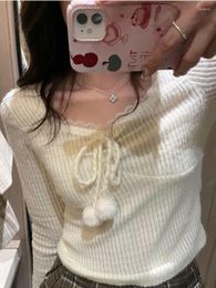 Women's T Shirts White Korean Style Sweet Blouse Women College Lace-up Kawaii Cute Tops Female Long Sleeve Casual Elegant 2023