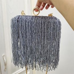 Evening Bags Women Totes Tassel Shoulder 2023 Beaded Handmade Message Casual Black Pink Chain Party