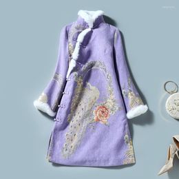 Ethnic Clothing H.RONG.X Fashion Purple Retro Cheongsam Dress Traditional Chinese Elegant Bodycon Qipao Cotton Winter Spring Improved Chipao