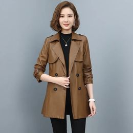 Women's Leather & Faux Women Sheep Trench Coat 2023 Spring Autumn Fashion Double Breasted Solid Sheepskin Jacket TopsWomen's