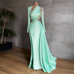 Party Dresses In Mint Green Elegant Mermaid Prom Long Sleeves Appliques High Split Women Formal Evening Pageant Gowns Custom Made