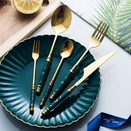 Dinnerware Sets 30pcs Ceramic Tableware Fork Spoon Knife Set Vintage Cutlery 304 Stainless Steel Dinner Green