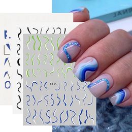 Nail Stickers 1 Sheet Blue Waves Lines 3D Geometric Irregular Colourful Block Self Adhesive Sliders Heart Decals DIY Wraps