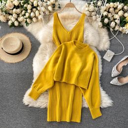 Casual Dresses Women Suit Knitted Sweater Dress 2023 Autumn Winter Solid O Neck Short Knitwear Tops Vest Two Pieces Set