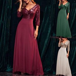 Casual Dresses Women Deep V Neck Mid Sleeve Prom Sequined Chiffon A Line Formal Evening Dress Cocktail Celebrity Party