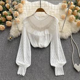 Women's Blouses 2023 Spring Minority Temperament Fashion Heavy Craft Nail Bead Frosted Lace Shirt Foreign Style Bottomed Blouse Women