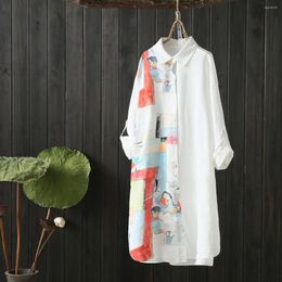 Women's Blouses Vintage Mori Girl Tops 2023 Spring Autumn Cotton Drawing Print Ramie Long Sleeve White Korean Fashion Blouse YoYiKamomo