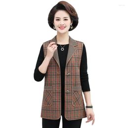 Women's Vests 2023 Fashion Spring Autumn Plaid Vest Middle-Aged Elderly Women's Waistcoat Mid-Length Single-Breasted Jacket Top