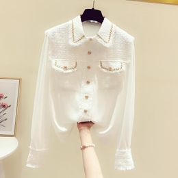Women's Blouses 2023 Autumn Fashion Women Tweed Patchwork Chiffon Gold Single Breasted Tassel Weave Vintage Office OL Casual Shirt