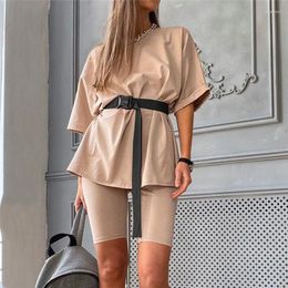 Women's Tracksuits Women Causal Two Piece Suits 2023 Fashion Tops Shorts Suit Sports Home Wear Summer Female Leisure Belt Outfits