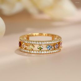 Wedding Rings 18K Gold Plated Charm Dainty Colourful Rhombus Zircon Ring For Women Double Layer Hollow Stone Bridal Engagement