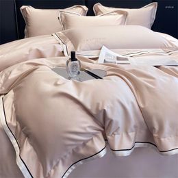 Bedding Sets El Light Luxury 120S Egyptian Cotton 4Pcs Set Simple Style Solid Colour Tribute Satin Quilt Cover Bare Sleeping
