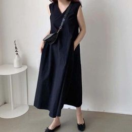 Casual Dresses Cotton Linen Dress Loose V-Neck Solid Color Back Single-breasted Design Sleeveless A Swing Japan Ladies SummerCasual