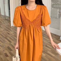 Party Dresses Women Dress 2023 Summer Korean Chic Gentle Round Neck Lace Crochet Stitching Pleated Puff Sleeve Bellflower Vestidos