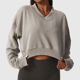 Gym Clothing Women Casual V Neck Cropped Top Soft Comfort Cotton Thick Sports Sweatshirt Long Sleeve Workout Tops Loose Fit
