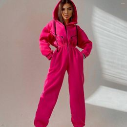 Running Sets Women High Waist Jumpsuit Suit Fleece Hooded Zipper Cardigan And Jogging Sports Set Non-Footed One-piece Casual Wear