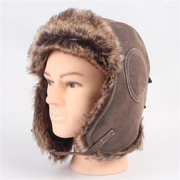 Berets Winter HatBomber Hats Men Warm Russian Ushanka Hat With Ear Flap Pu Leather Fur Trapper Cap Earflap