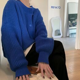 Women's Knits Zoki Loose Women Cardigan Sweater Designed Casual O Neck Blue Jumper Winter Thick Female Knitted Coats Oversize Tops 2023