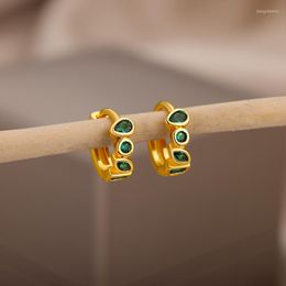 Hoop Earrings Cute Small Gold Color Green Zircon For Women Stainless Steel Round Circle Fashion Minimalist Jewelry Gift