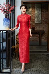 Ethnic Clothing Chinese Traditional Sexy High Split Cheongsam Women Party Robe Gown Vintage Mandarin Collar Red Lace Qipao Vestidos