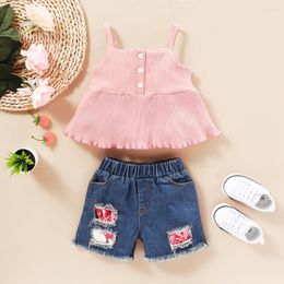 Clothing Sets Toddler Kids Spring Summer Clothes Set Baby Girls Sling Dress Hole Denim Short Pants 2pcs Suit Children Outfits 2023 Years