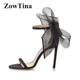Sandals Black Silk Women High Heels Lace Bowknot Decor Formal Dress Party Pumps Gladiator Ankle Strap White Bridal Wedding Shoes