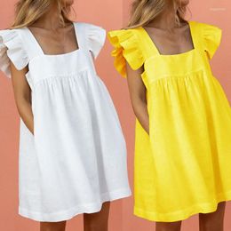Party Dresses Summer Women Ruffle Basic Mini Dress Casual Loose Square Neck Pocket Butterfly Sleeve Beach Short