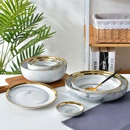 Dinnerware Sets Ceramic Tableware Northern Europe Phnom Penh Powder Grey Marble Pattern Western Plate Salad Bowl Large Home Kitchen