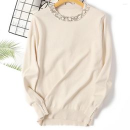 Women's T Shirts Autumn Winter Women Beaded Sweater 2023 O-Neck Elegant Jumper Top Loose Casual Warm Femme Knitting Bottom Shirt