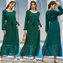 Ethnic Clothing Lace Abaya Muslim Women Long Sleeve O-neck Dress Islamic Ramadan Dubai Turkey Middle East Maxi Robe With Belt Gown