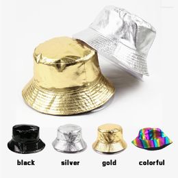 Berets Summer Double-sided Bucket Hat Windproof Wide Brimmed Fisherman PVC Sun Punk Style Patent Leather Flat-top Basin Cap