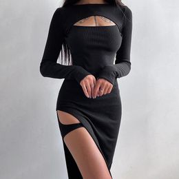 Casual Dresses Autumn 2023 Black Ribbed Wrap Midi Dress Women Fashion Long Sleeve Cutout O-Neck High Split Party Club Streetwear