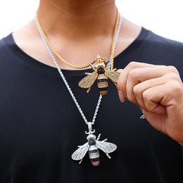 Chains Iced Out Bling CZ Zircon Bee Pendants Necklaces For Women Men Hip Hop Jewellery Gold Silver Colour Long Chain Necklace GiftChains