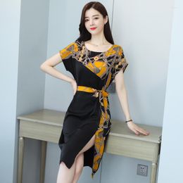 Party Dresses Gkfnmt 2023 Summer Dress Women Casual Sashes Batwing Sleeve Knee-Length Splice Slit Print Chiffon Plus Size