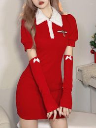 Casual Dresses Vintage Short Sleeve Christmas Women Autumn Fashion Turn-down Fur Collar Harajuku Y2k Slim High Waist Vestido