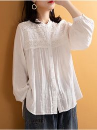 Women's Blouses Lamtrip Unique Cotton Yarn Hollow Out Lace Patchwork Stand Collar White Soft Autumn Shirt Blouse Female