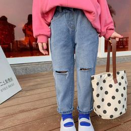 Jeans Mid-Waist Denim Pants For Kids 2023 Spring Autumn Bottom Hollow Out Girl's Children's Long Trousers Casual