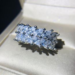 Cluster Rings Unique Fashion Lady Leaf Shape Zircon Ring 925 Silver Jewellery Sparkling Wedding Bridal Geometric