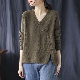 Women's Sweaters Literary Retro Pullover Knitting Autumn Oblique Placket Buckle Sweater Loose Asymmetry Women Jumper0597