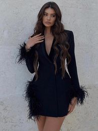 Casual Dresses Ladies Feather Club Wear Y2K Clothes Long Sleeve Side Slit Bodycon Neon Blazer Mini For Women Birthday Party Fall Outfit