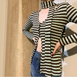 Women's Knits Sexy V-neck Striped Blouse Women's Spring And Autumn Girl High Street Fashion Cardigan Contrast Color Scarf Two-piece Suit