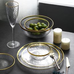 Plates Glass Tableware Set With Golden Inlay Steak Plate Salad Soup Bowl Dishes Party Event Decoration