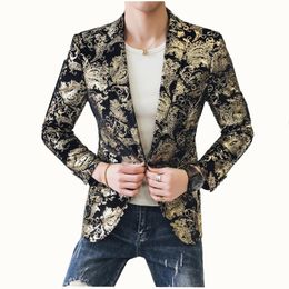 Men's Suits & Blazers Gold Blazer Men Floral Casual Slim Fit Coats 2023 Fashion Party Single Breasted Mens Print Suit Jacket Plus Size 4XL 5