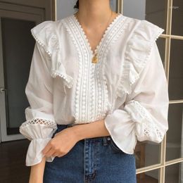 Women's Blouses Solid White Summer Crop Top Women V Neck High Waist Casual Holiday Tank Long Sleeves Loose Fit Chic Tops 2023