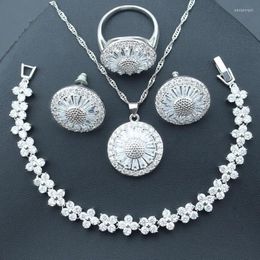 Necklace Earrings Set White Zircon Silver Colour Costume For Women Bridal Pendant Rings With Stones Bracelets Gift Box