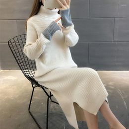 Casual Dresses Ladies High-neck Solid Color All-match Base Knitted Maxi Dress Female Elegant Sweater Split Fork 2023 Autumn Winter
