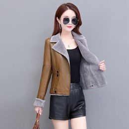 Women's Leather & Faux Autumn Winter Women Fur Coat Pu Tops Short Warm Plush Thick Outerwear Ladies Padded Locomotive JacketsWomen's